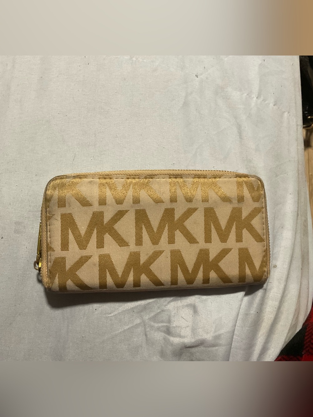 Michael Kors Tan and Beige MK Logo Zip Wallet